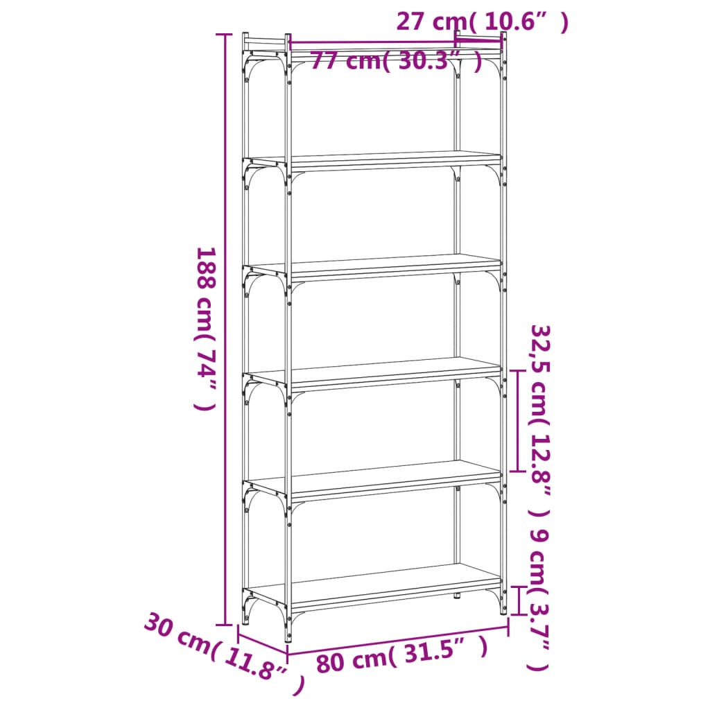 bogreol 6 hylder 80x30x188 cm konstrueret træ sonoma-eg