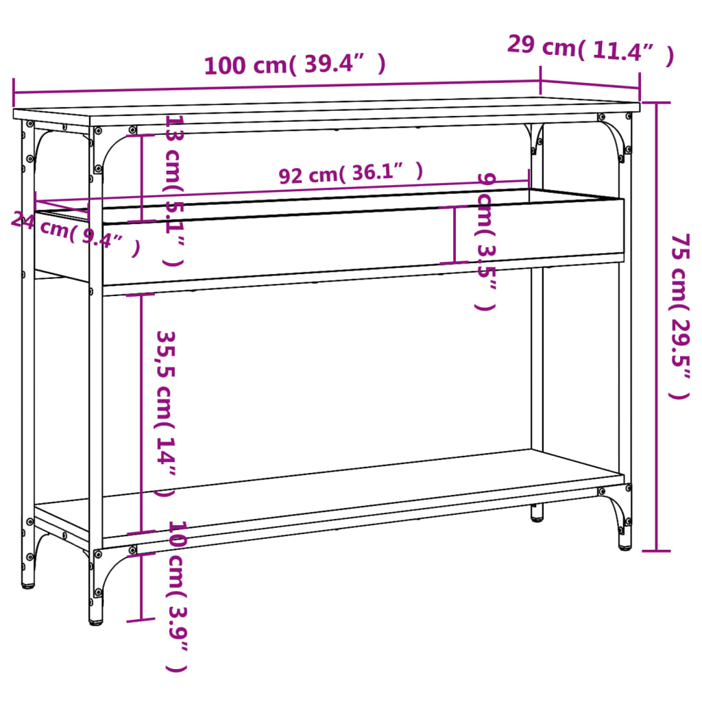 konsolbord med hylde sonoma eg 100x29x75cm konstrueret træ