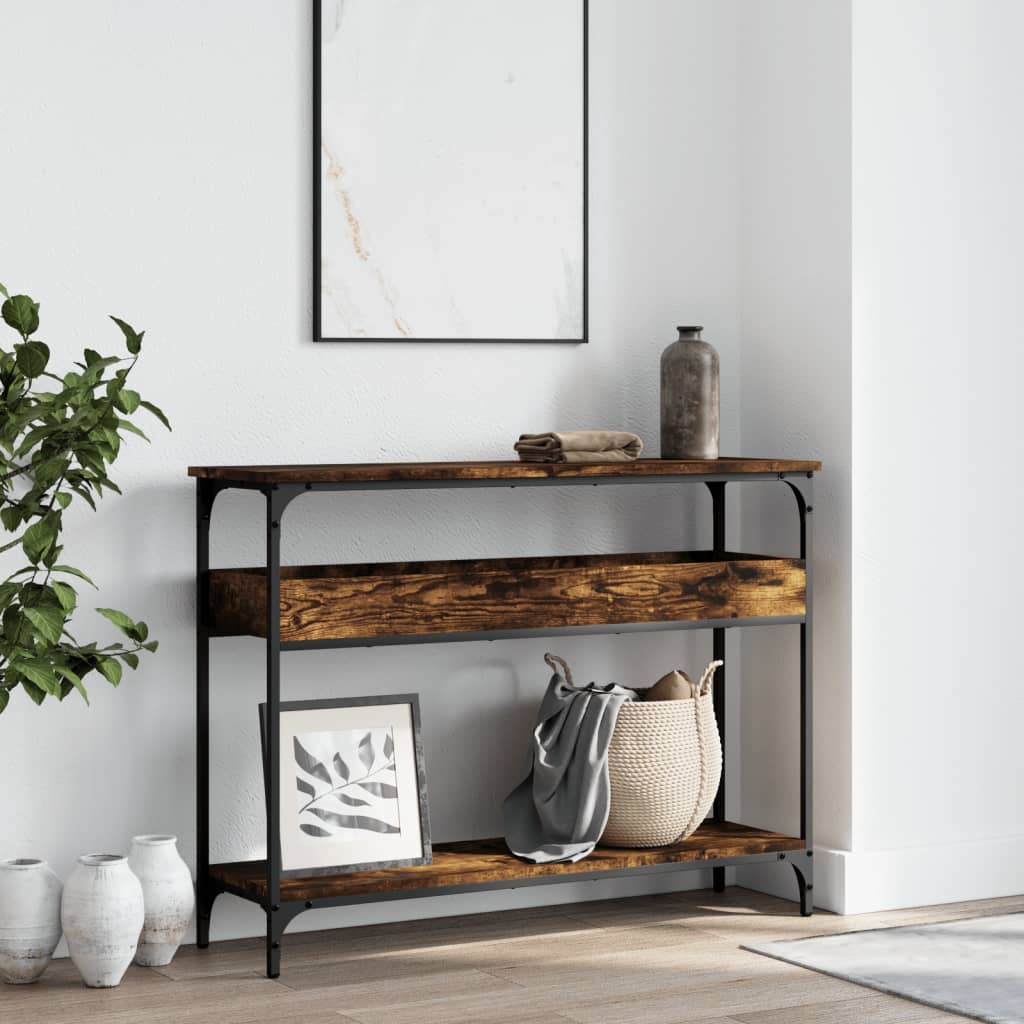 konsolbord med hylde 100x29x75 cm konstrueret træ røget eg