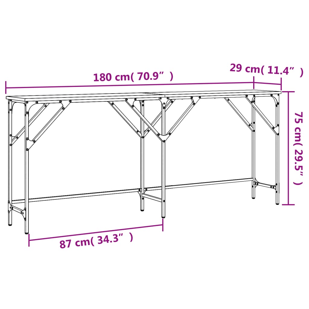 konsolbord 180x29x75 cm konstrueret træ røget egetræsfarve