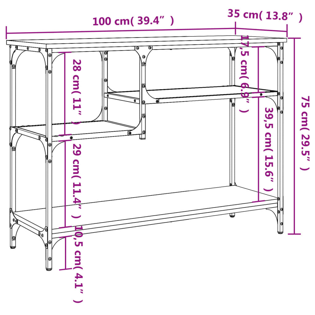 konsolbord med hylder 100x35x75 cm sort