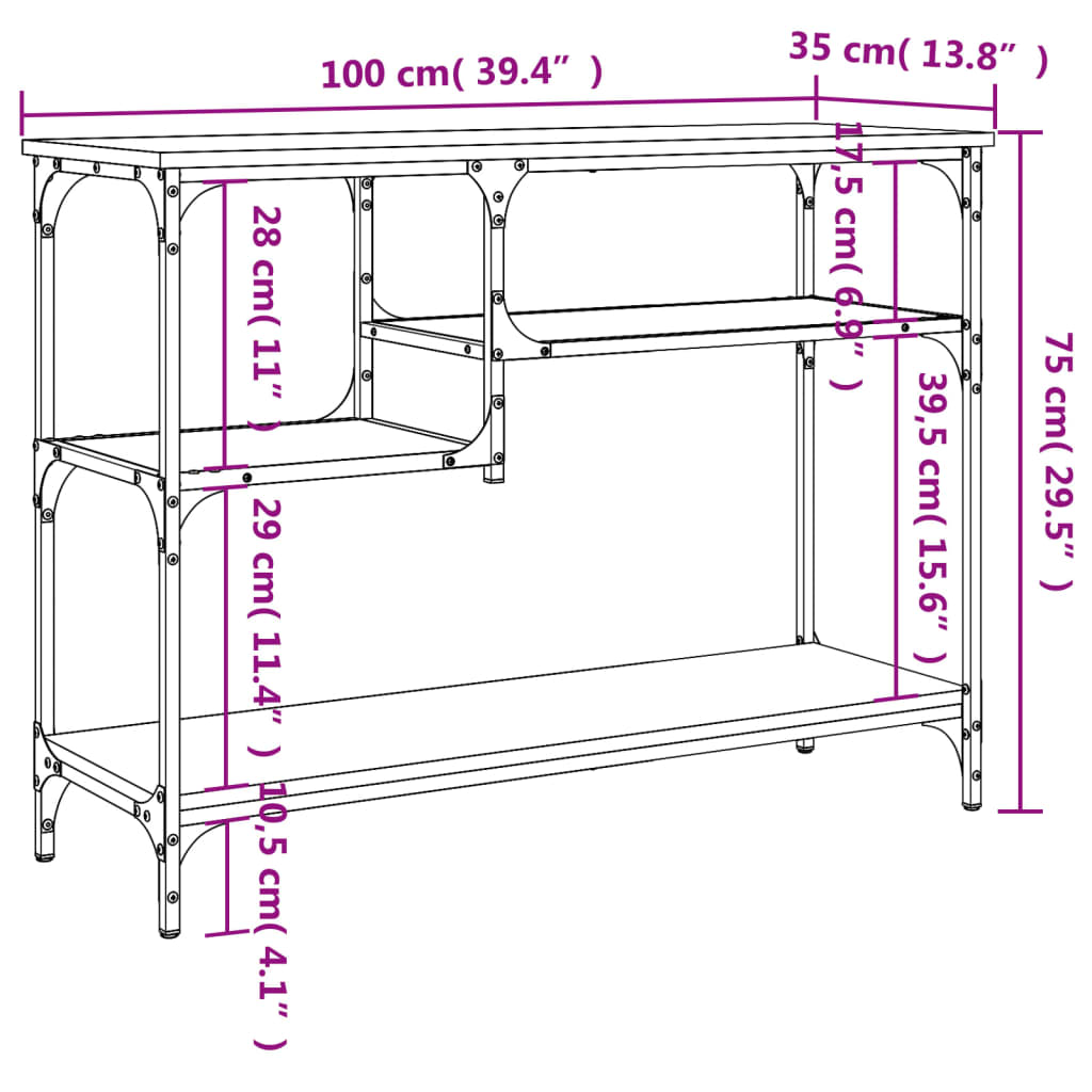 konsolbord med hylder 100x35x75 cm brun egetræsfarve
