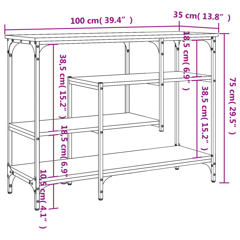 konsolbord med hylder 100x35x75 cm sonoma-eg