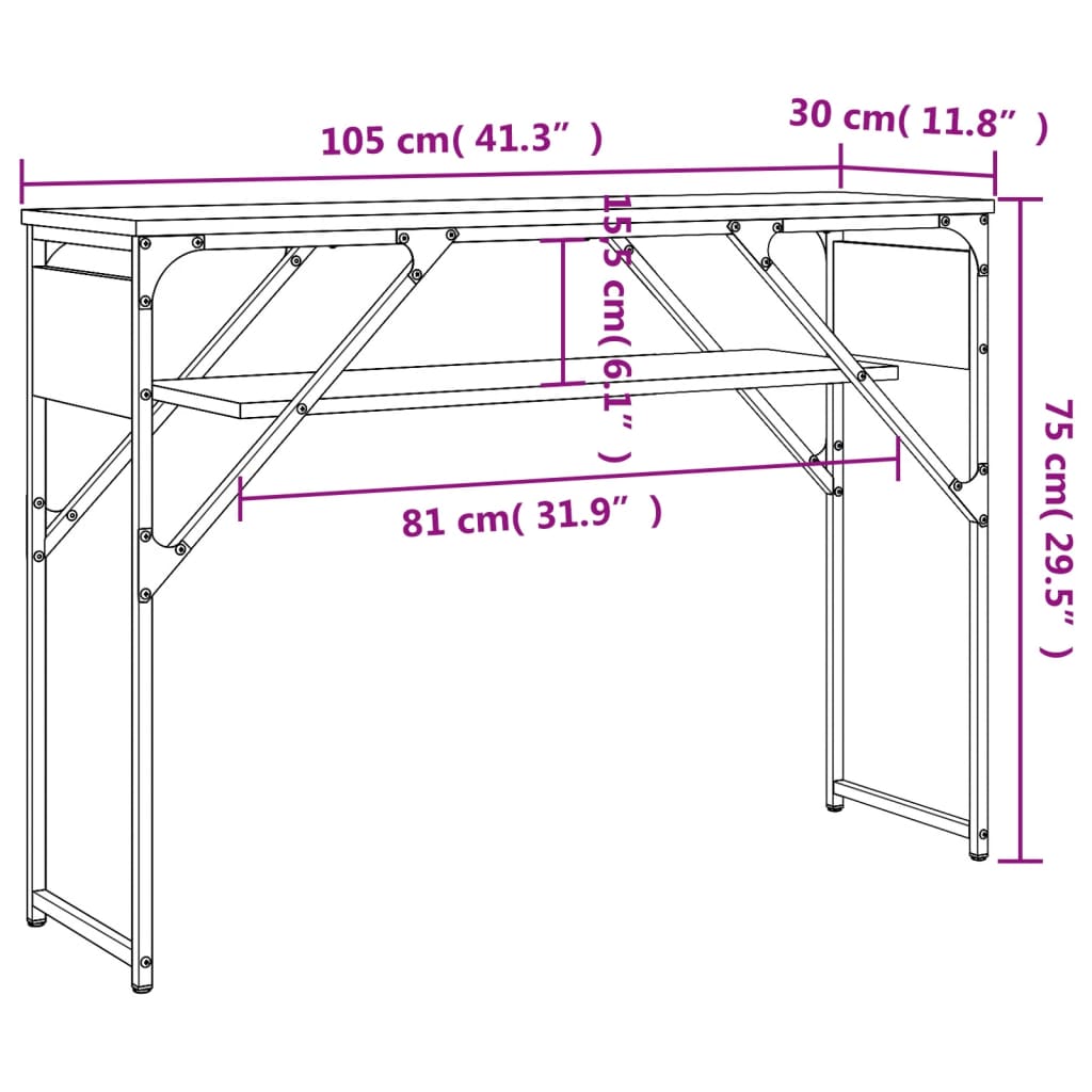 konsolbord med hylde 105x30x75 cm konstrueret træ brunt egetræ