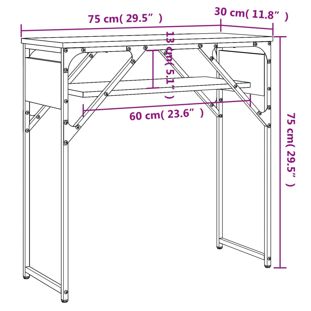 konsolbord med hylde 75x30x75 cm konstrueret træ røget eg