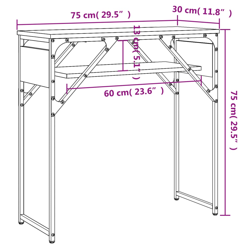 konsolbord med hylde 75x30x75 cm konstrueret træ brunt egetræ