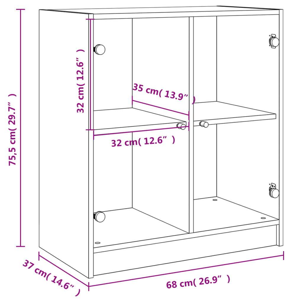 skab med glaslåger 68x37x75,5 cm grå sonoma-eg