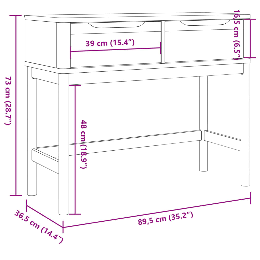 konsolbord BODO 89,5x36,5x73 cm massivt fyrretræ hvid