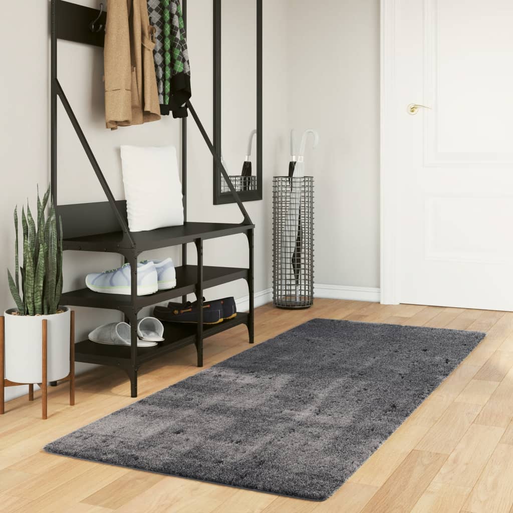 gulvtæppe HUARTE 80x200 cm kort luv og vaskbart antracitgrå