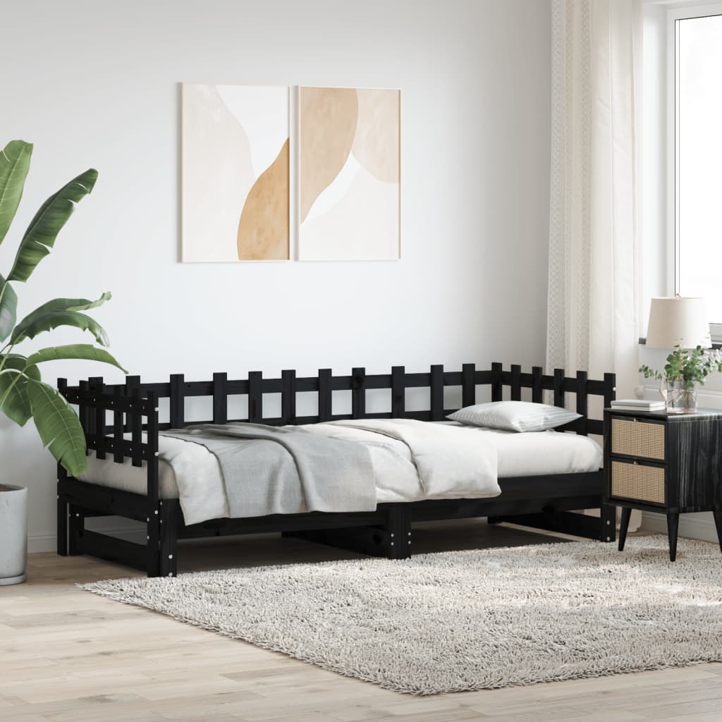 daybed med udtræk 2x(80x200) cm massivt fyrretræ sort