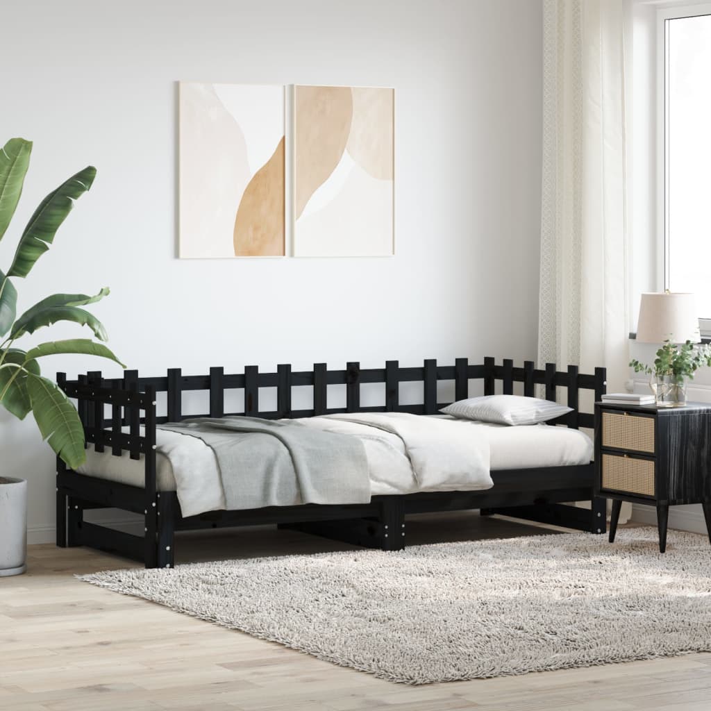 daybed med udtræk 2x(90x200) cm massivt fyrretræ sort