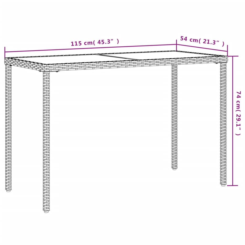 havebord med glastop 115x54x74 cm polyrattan grå