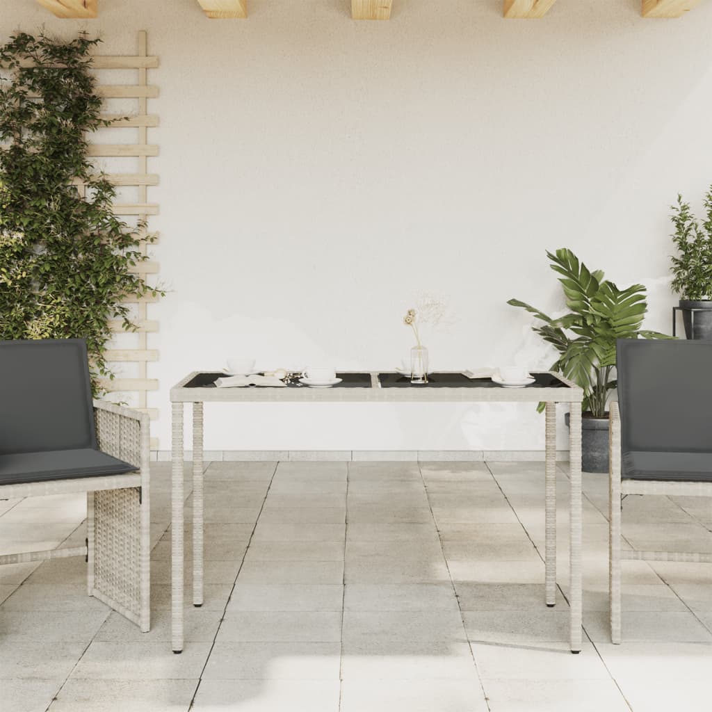 havebord med glastop 115x54x74 cm polyrattan lysegrå
