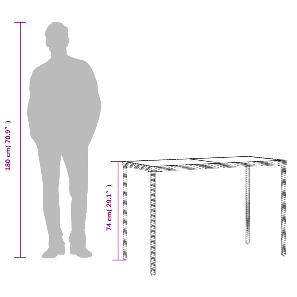 havebord med glastop 115x54x74 cm polyrattan lysegrå