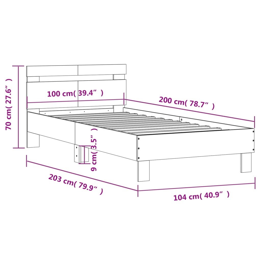 sengeramme med sengegavl 100x200 cm konstrueret træ betongrå