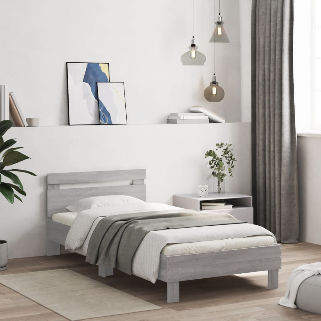 sengeramme med sengegavl 100x200 cm konstrueret træ grå sonoma