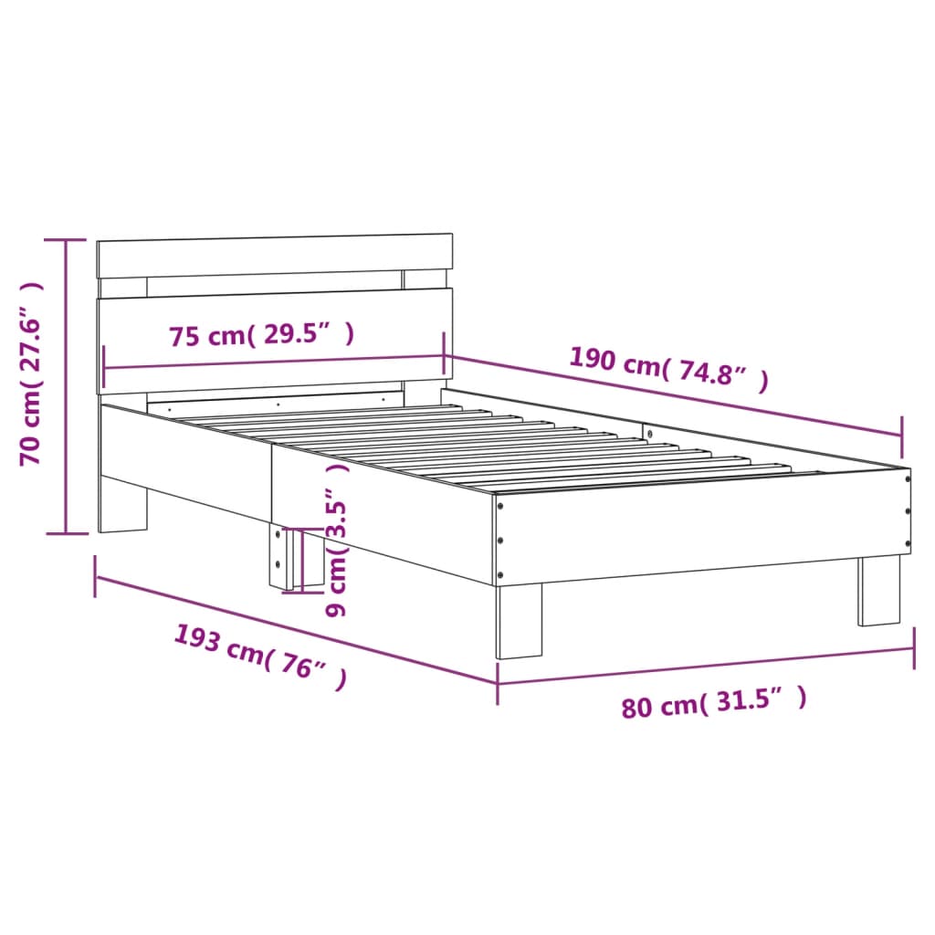 sengeramme med sengegavl 75x190 cm konstrueret træ sort