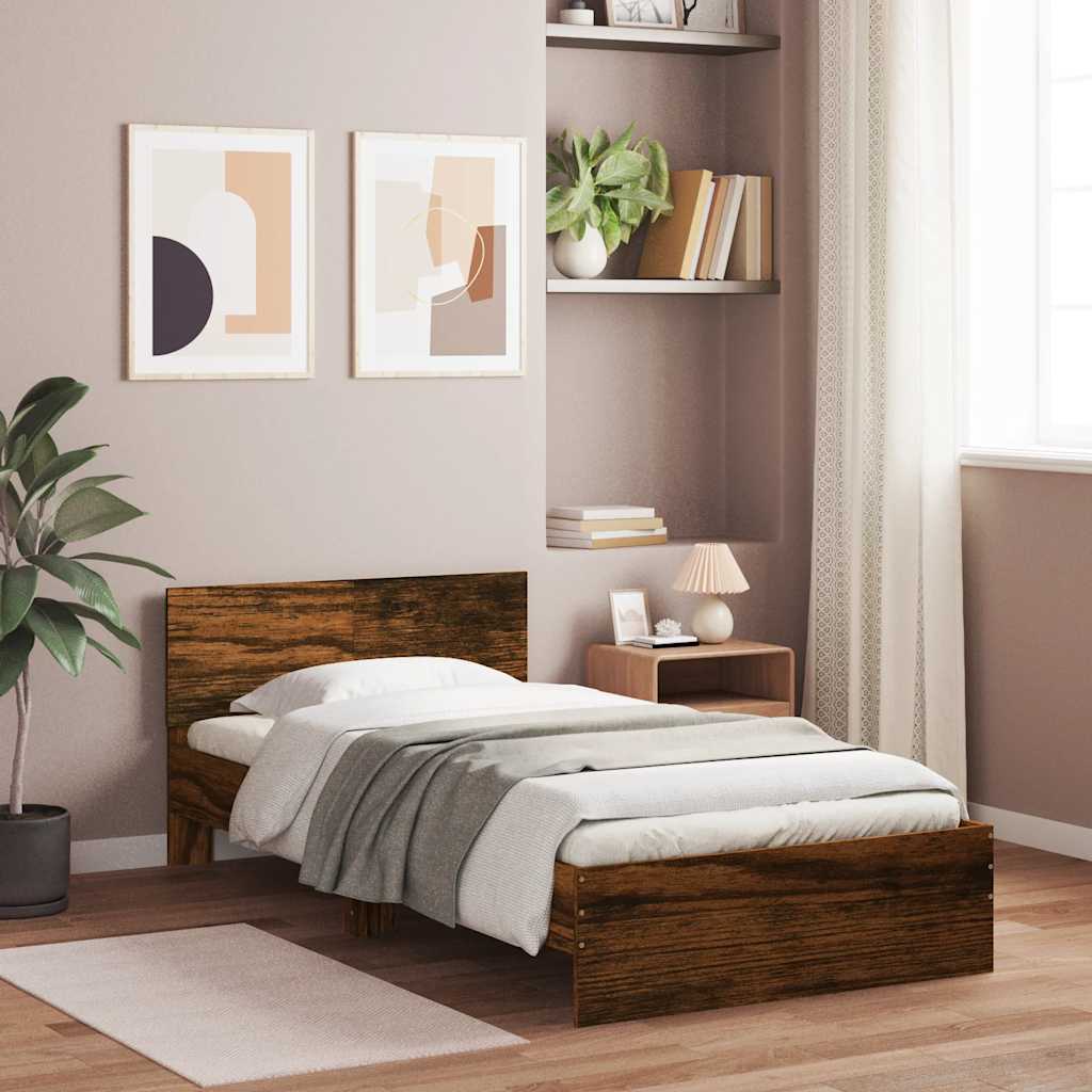 sengeramme med sengegavl 100x200 cm konstrueret træ røget eg