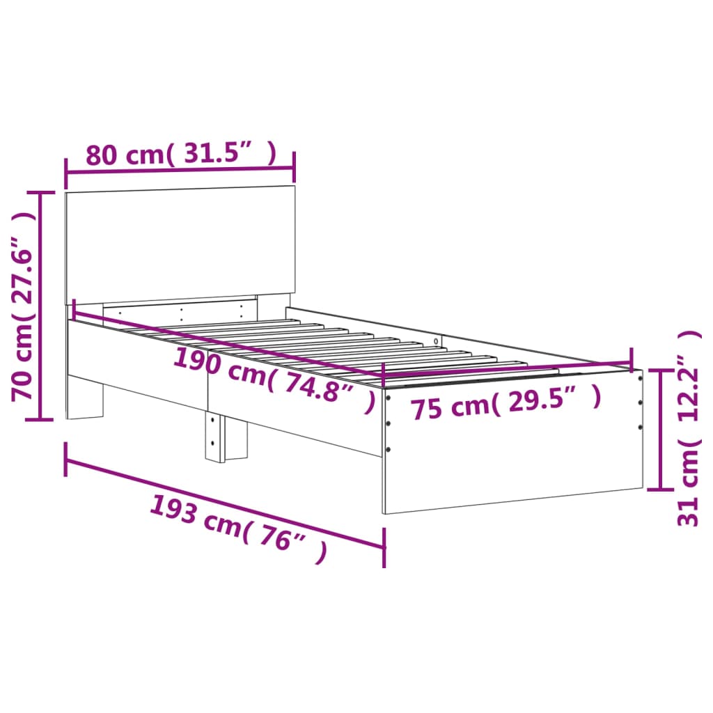 sengeramme med sengegavl 75x190 cm konstrueret træ betongrå
