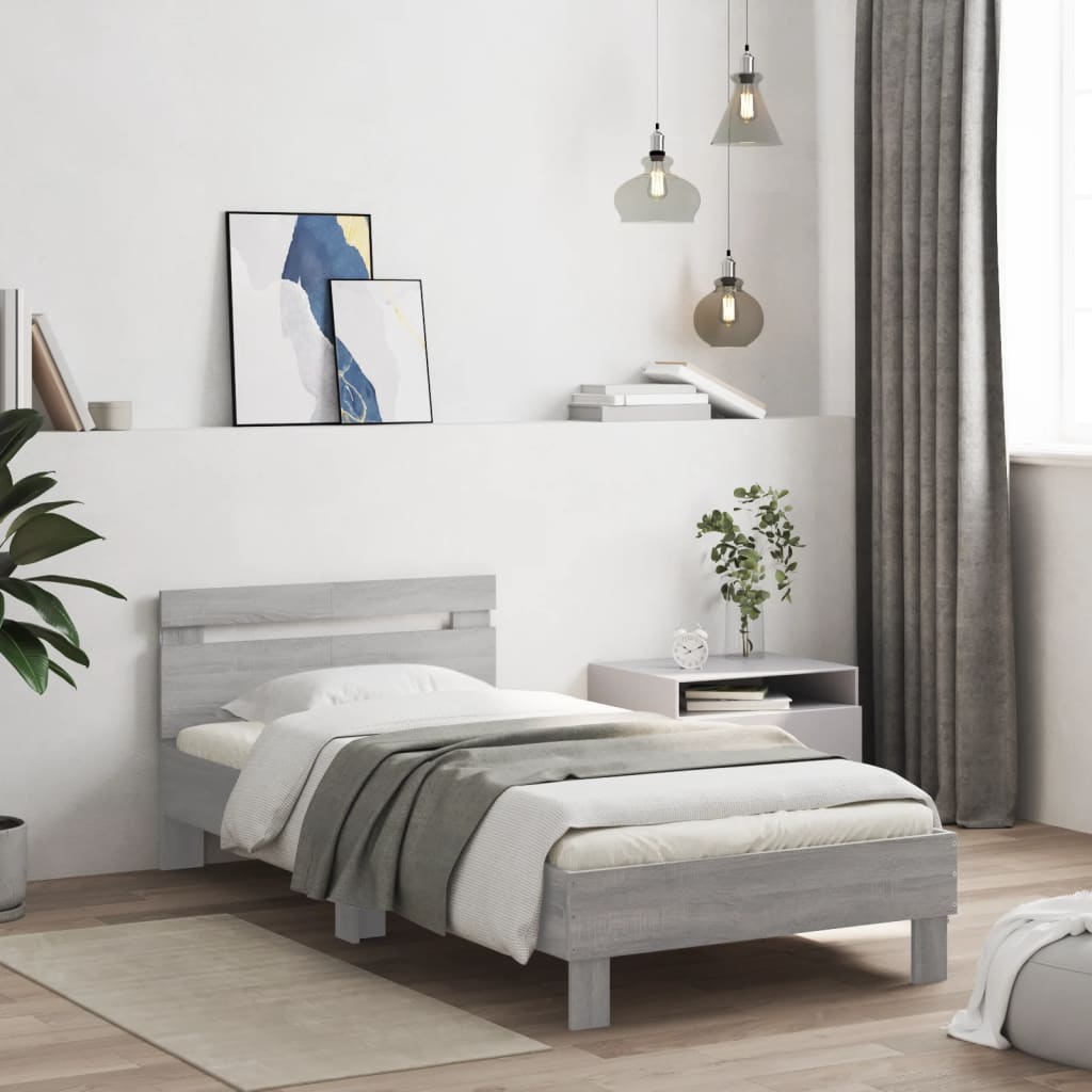 sengeramme med sengegavl og LED-lys 100x200 cm grå sonoma-eg