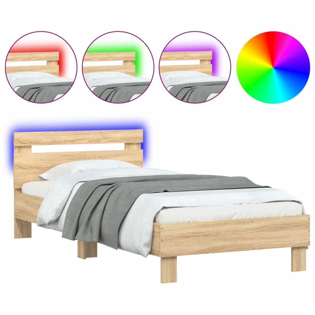 sengeramme med sengegavl og LED-lys 90x200 cm sonoma-eg