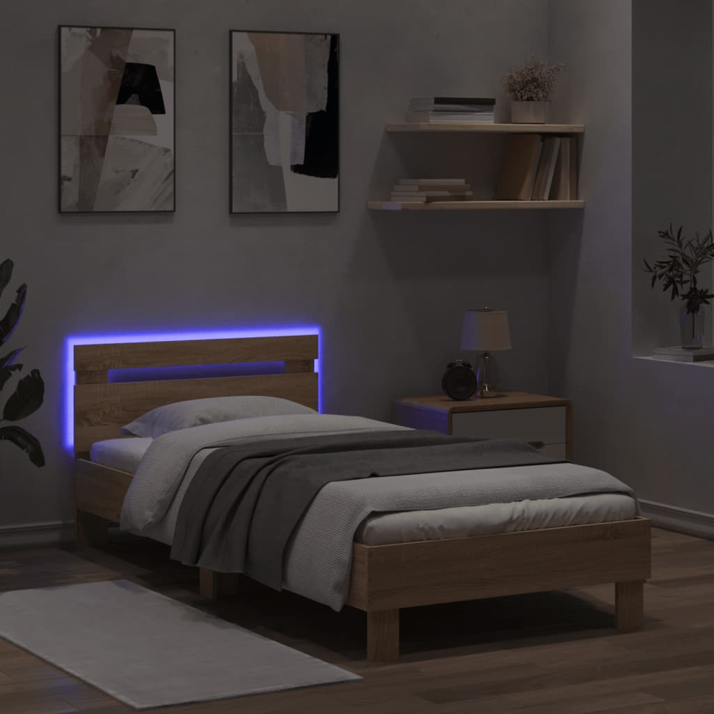 sengeramme med sengegavl og LED-lys 90x200 cm sonoma-eg