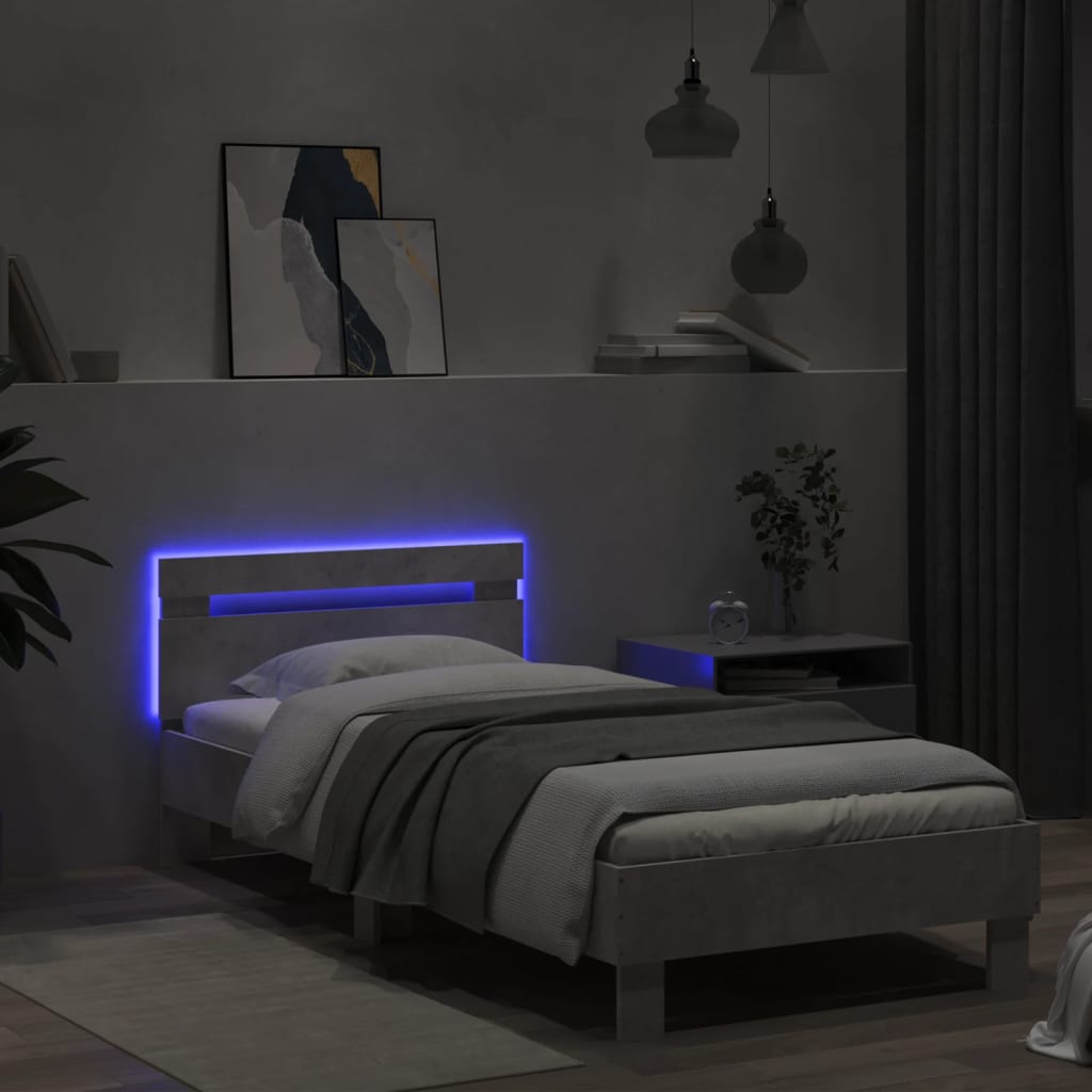sengeramme med sengegavl og LED-lys 90x200 cm betongrå