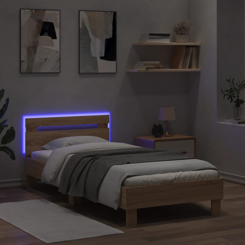 sengeramme med sengegavl og LED-lys 90x190 cm sonoma-eg