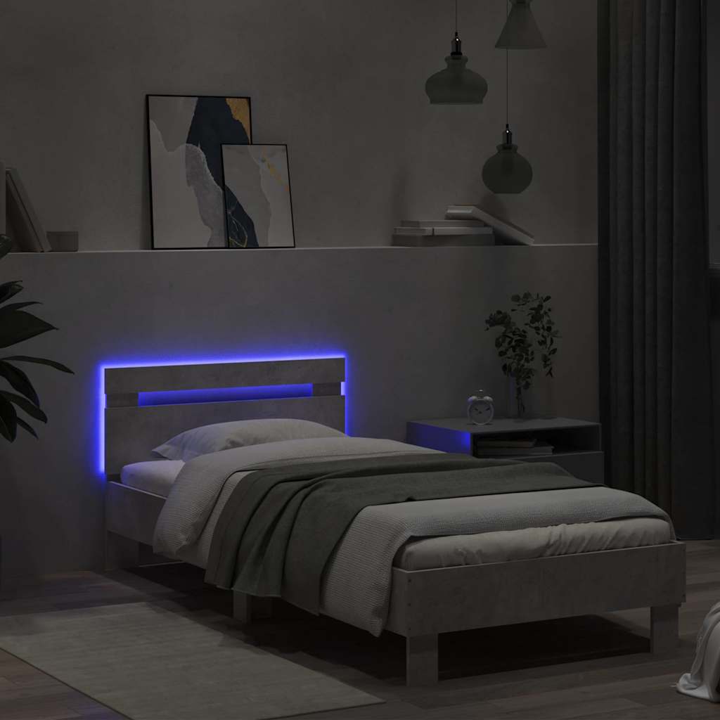 sengeramme med sengegavl og LED-lys 90x190 cm betongrå