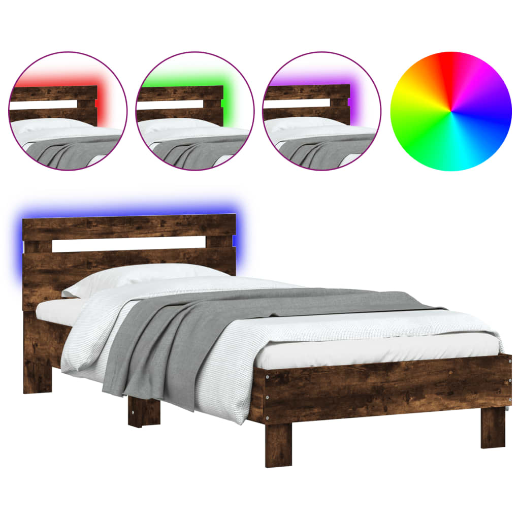 sengeramme med sengegavl og LED-lys 90x190 cm røget egetræ