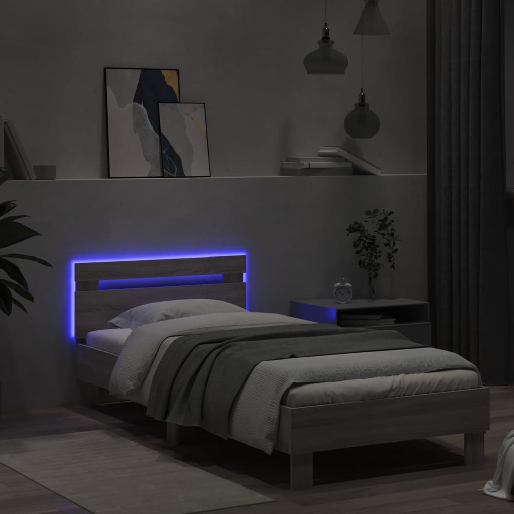 sengeramme med sengegavl og LED-lys 90x190 cm grå sonoma-eg