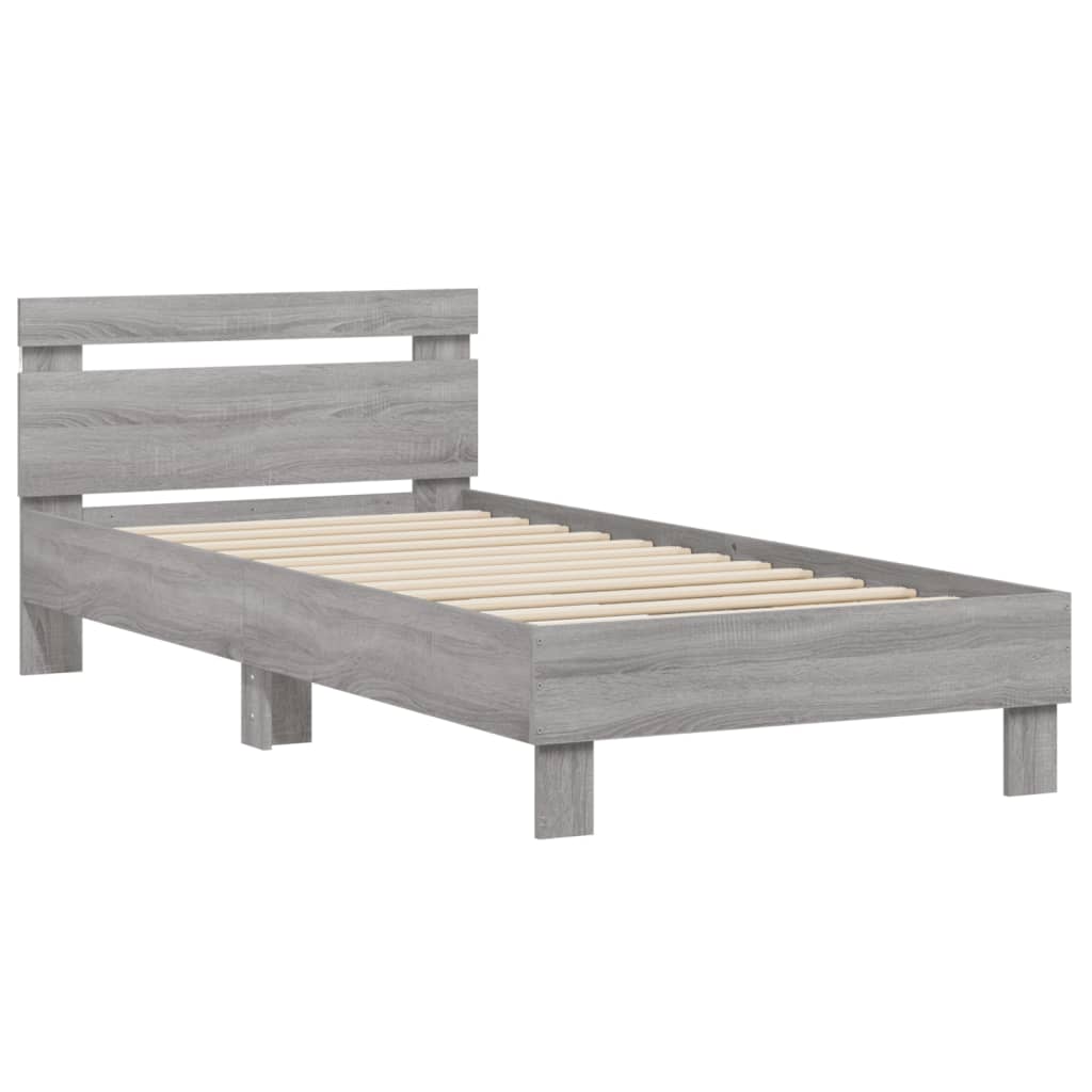sengeramme med sengegavl og LED-lys 90x190 cm grå sonoma-eg