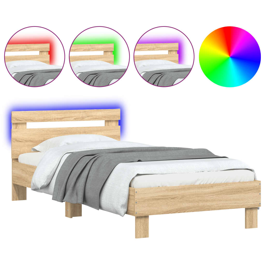 sengeramme med sengegavl og LED-lys 75x190 cm sonoma-eg