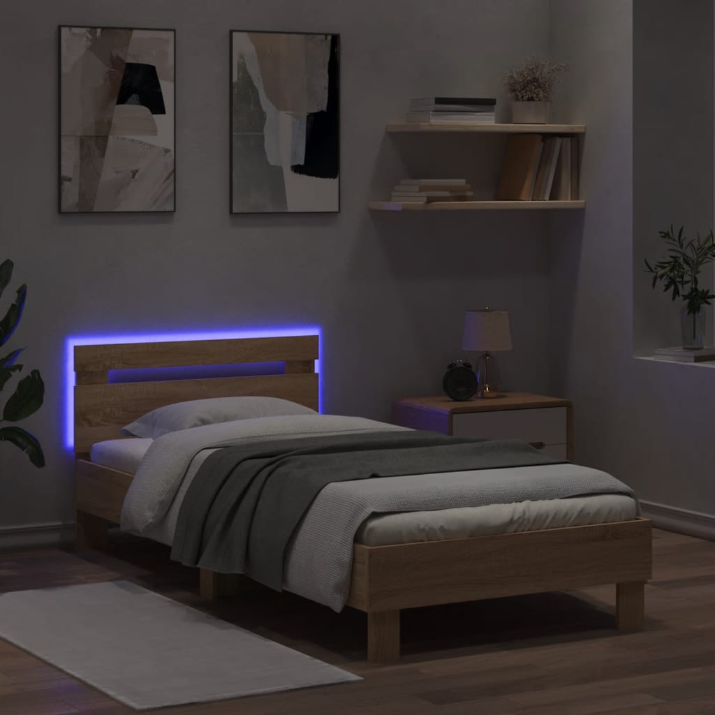 sengeramme med sengegavl og LED-lys 75x190 cm sonoma-eg