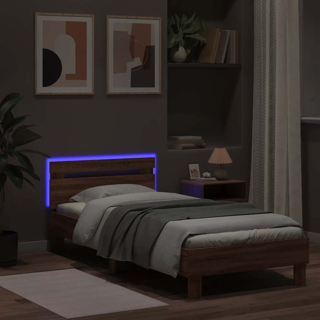 sengeramme med sengegavl og LED-lys 75x190 cm brun egetræsfarve