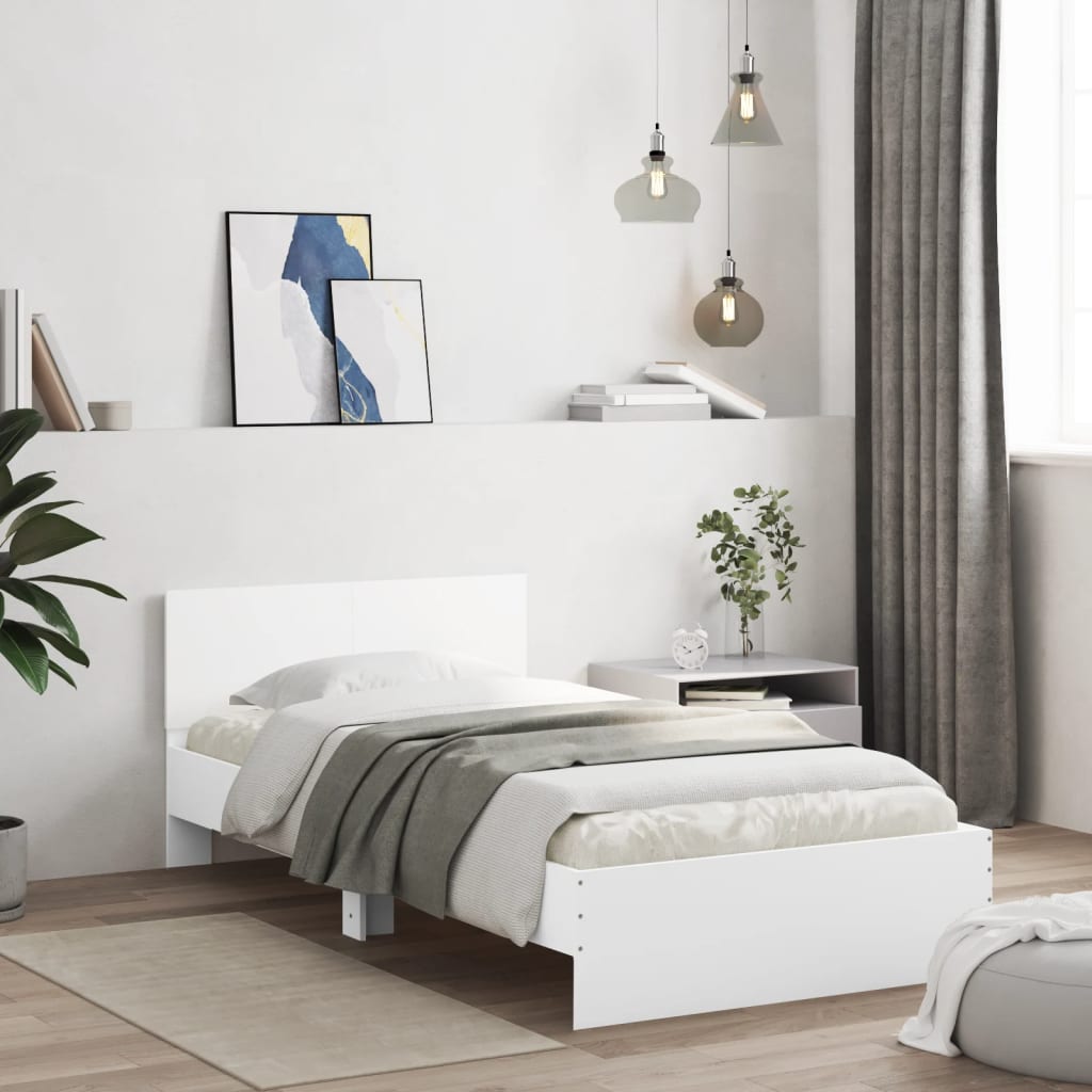 sengeramme med sengegavl og LED-lys 100x200 cm hvid