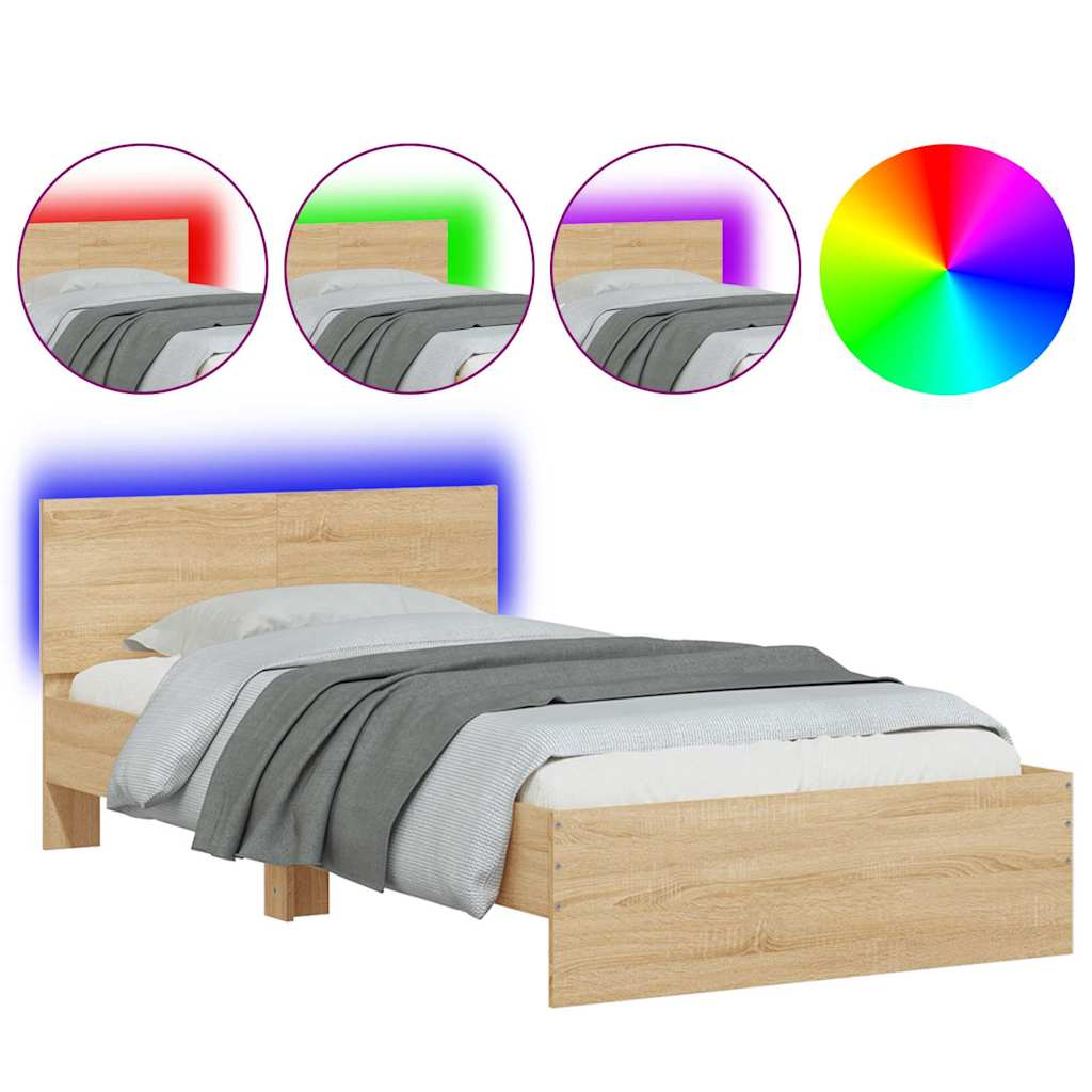 sengeramme med sengegavl og LED-lys 100x200 cm sonoma-eg