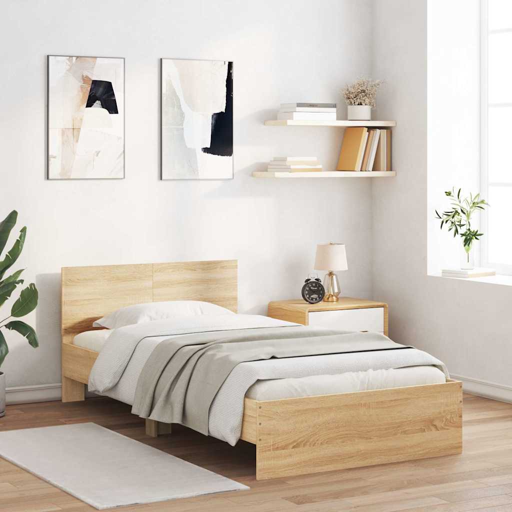 sengeramme med sengegavl og LED-lys 100x200 cm sonoma-eg