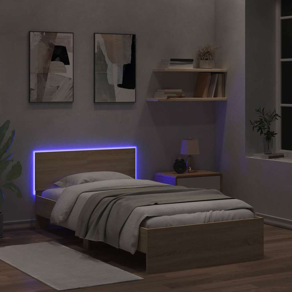 sengeramme med sengegavl og LED-lys 100x200 cm sonoma-eg