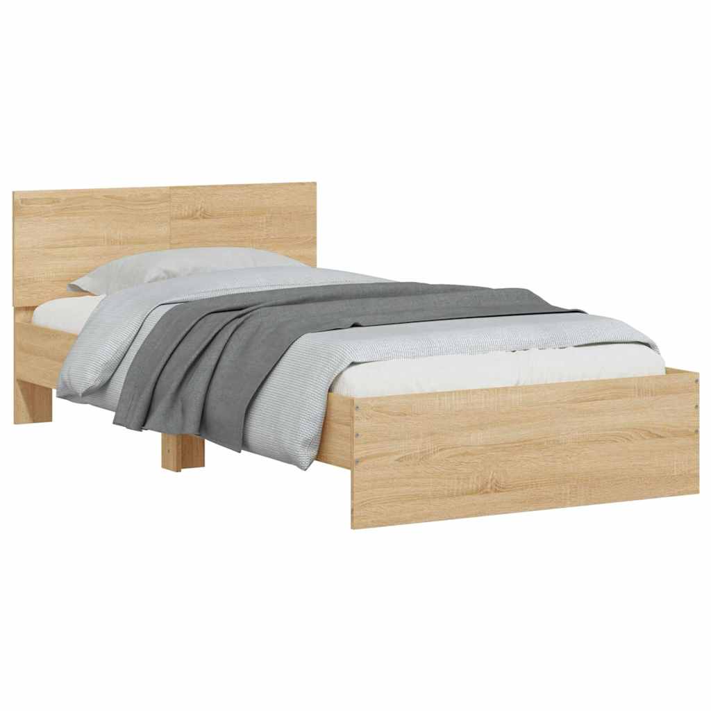 sengeramme med sengegavl og LED-lys 100x200 cm sonoma-eg