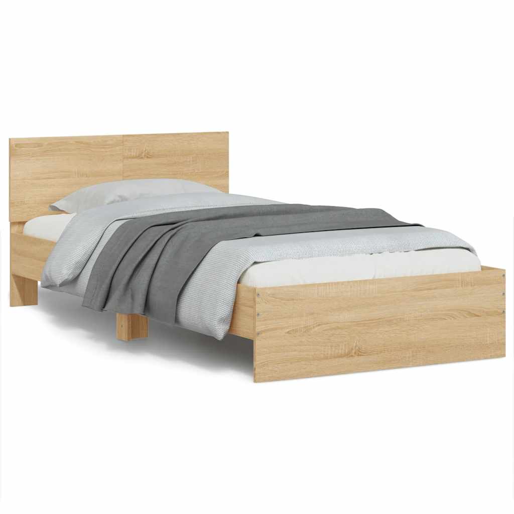 sengeramme med sengegavl og LED-lys 100x200 cm sonoma-eg