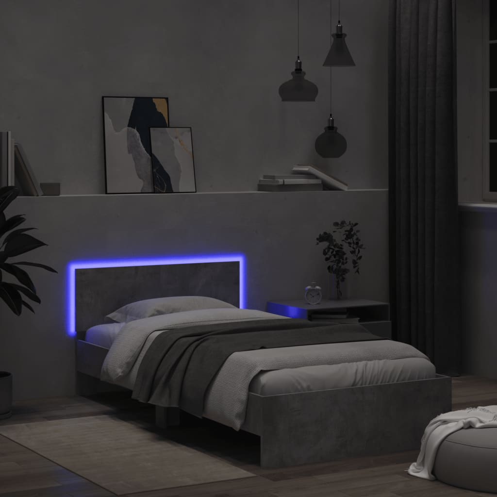 sengeramme med sengegavl og LED-lys 100x200 cm betongrå