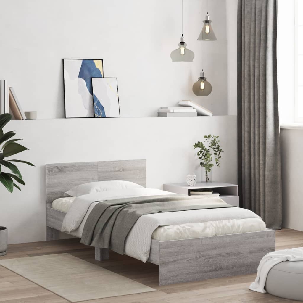 sengeramme med sengegavl og LED-lys 100x200 cm grå sonoma-eg