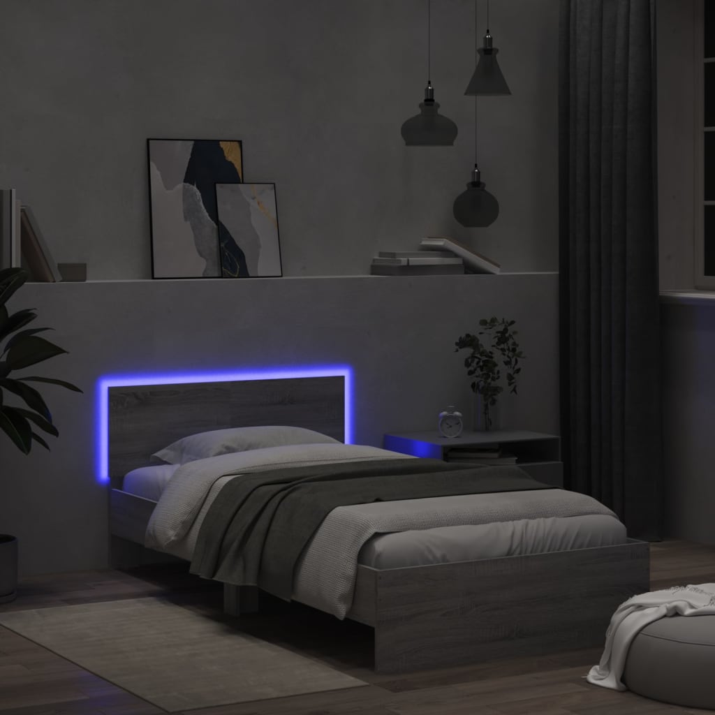 sengeramme med sengegavl og LED-lys 100x200 cm grå sonoma-eg