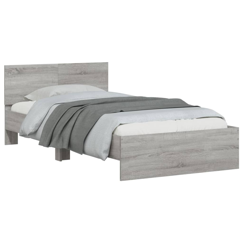 sengeramme med sengegavl og LED-lys 100x200 cm grå sonoma-eg