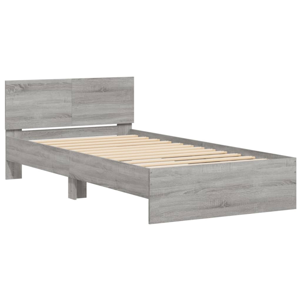 sengeramme med sengegavl og LED-lys 100x200 cm grå sonoma-eg