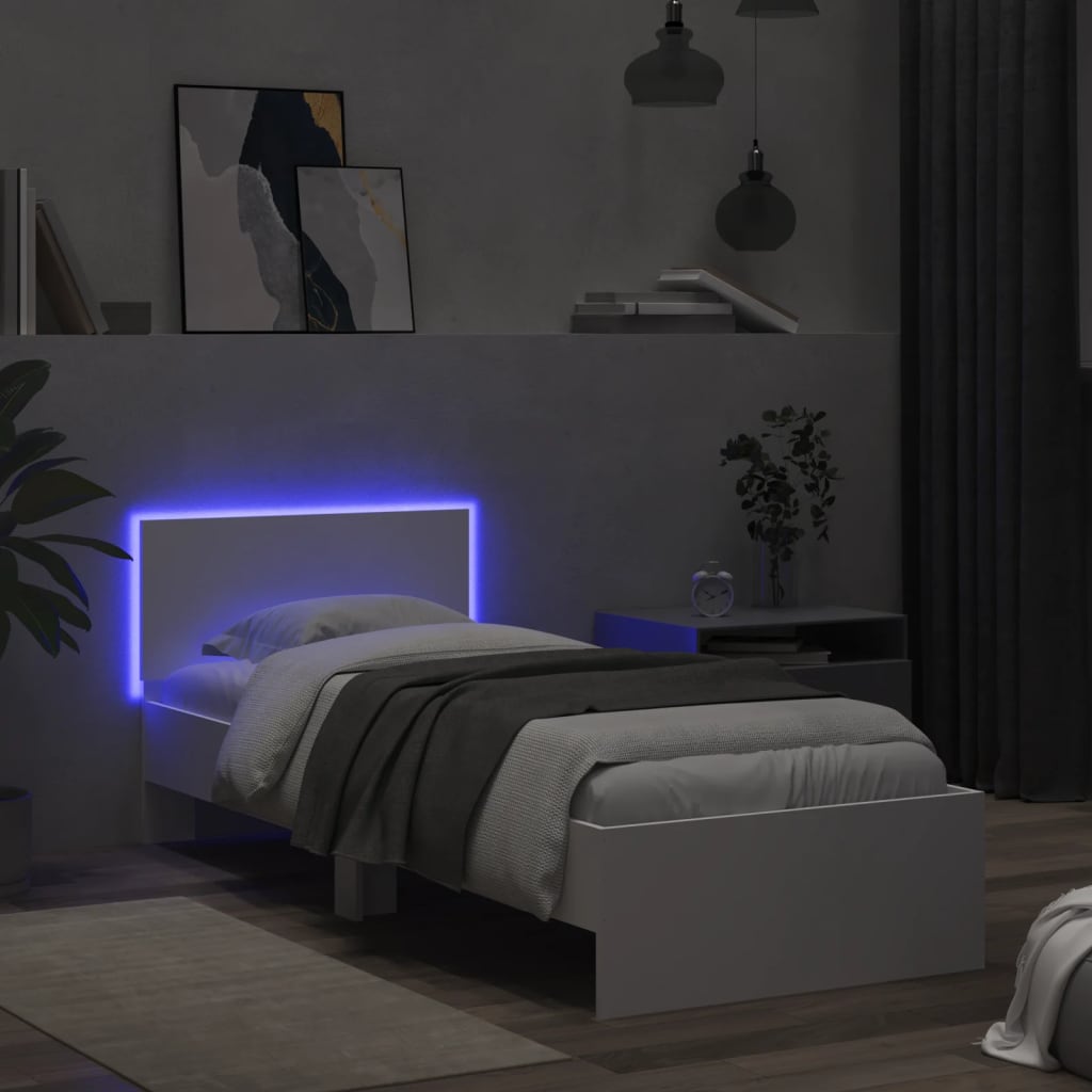 sengeramme med sengegavl og LED-lys 90x200 cm hvid