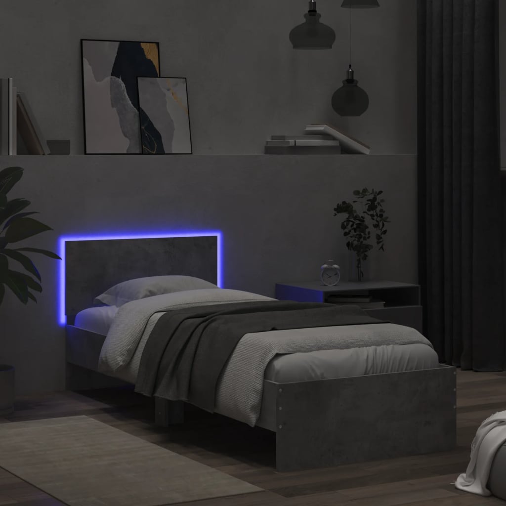 sengeramme med sengegavl og LED-lys 90x200 cm betongrå