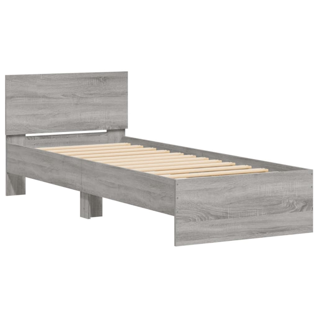 sengeramme med sengegavl og LED-lys 90x200 cm grå sonoma-eg