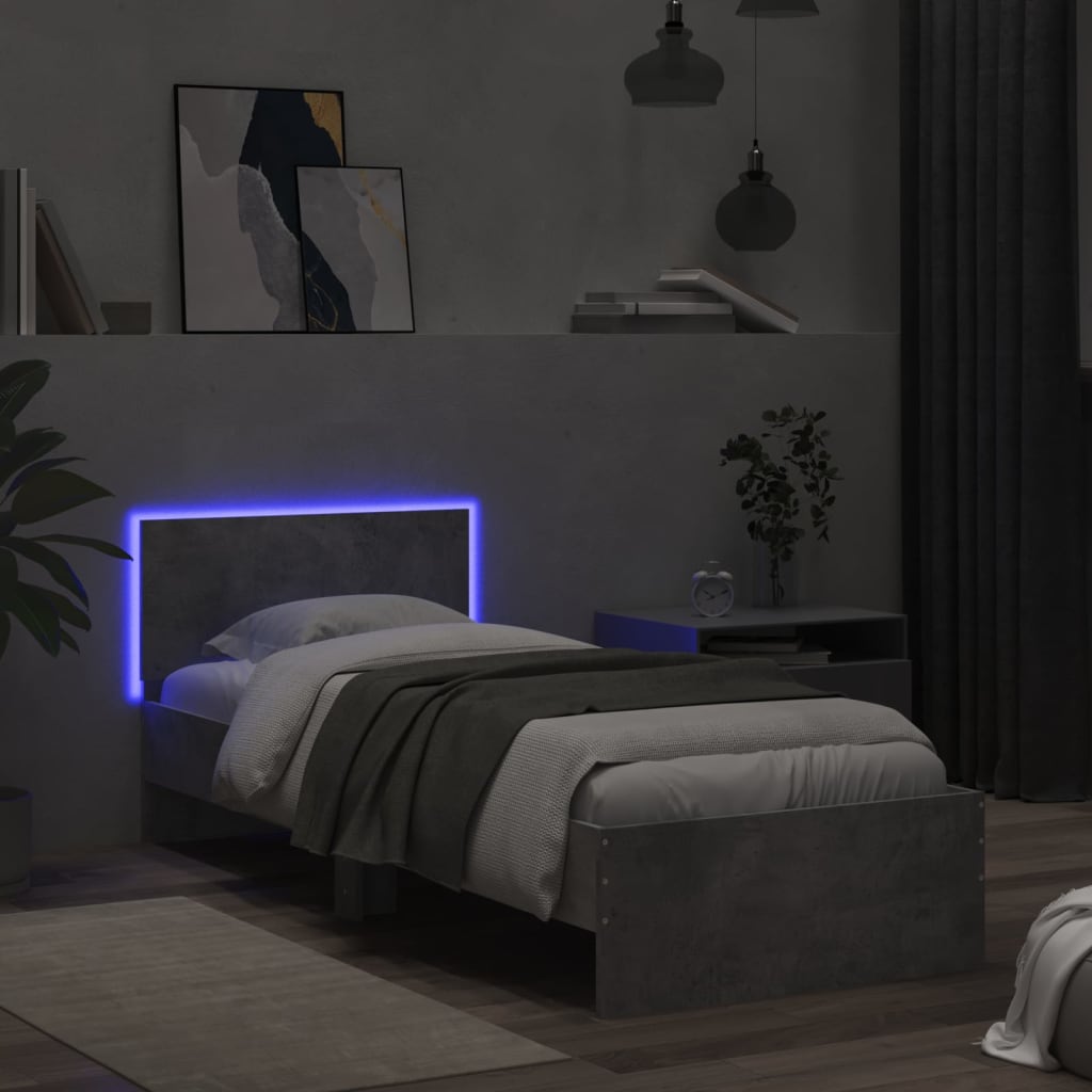 sengeramme med sengegavl og LED-lys 90x190 cm betongrå